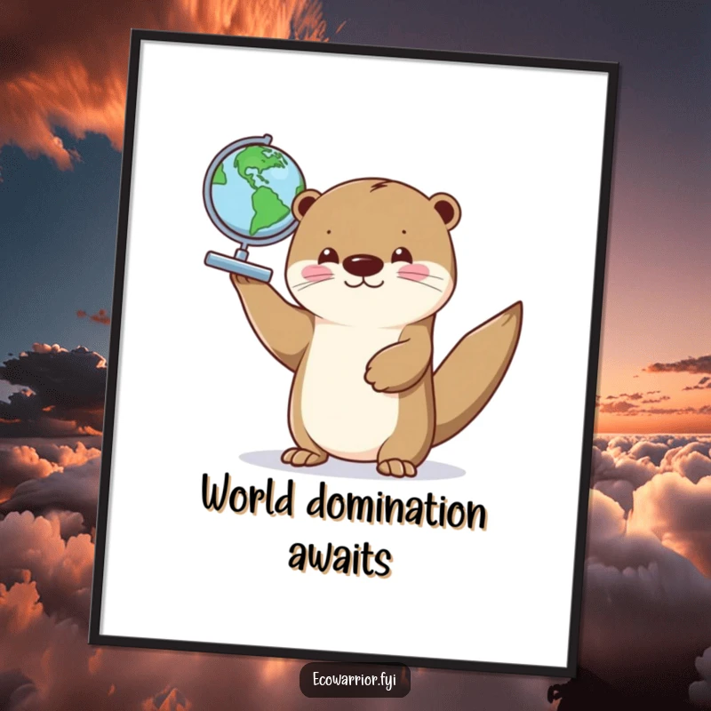 Funny digital art print of a proud otter holding a small globe, ideal for instant wall decor and travel inspiration.