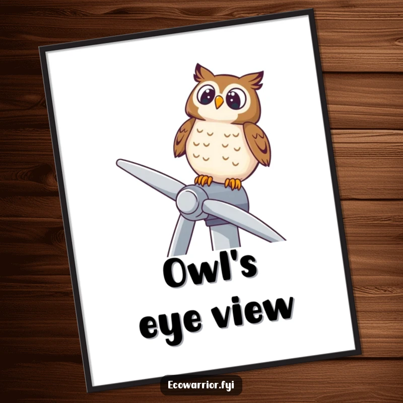 Funny digital art print of a delighted owl perched on a wind turbine, looking upwards, symbolizing wisdom and clean energy.