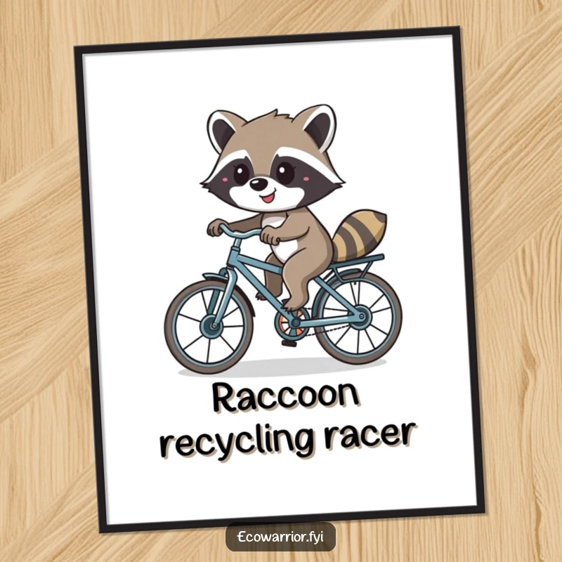 Funny digital art print of a smiling raccoon riding a bicycle made of recycled parts, symbolizing joy and sustainability.