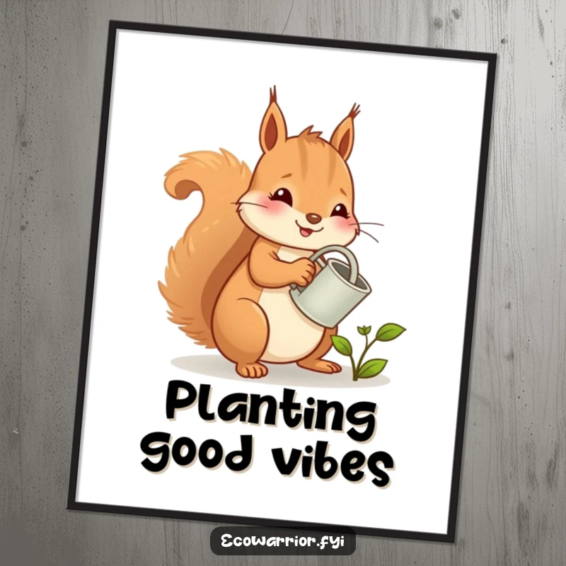 Funny squirrel digital art print, a cheerful character tending a sprout with a watering can, full of gardening joy.