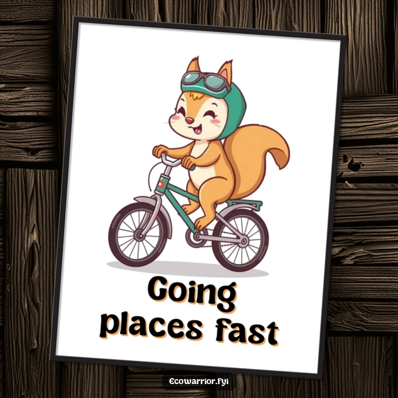 Funny squirrel digital art print of a playful squirrel riding a bicycle made of recycled materials with a happy smile.