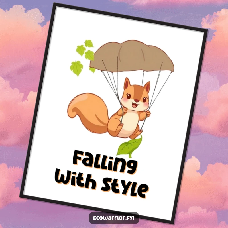 Funny Squirrel Parachute Digital Art Print of a brave squirrel using a fallen leaf as a parachute, ready to frame.