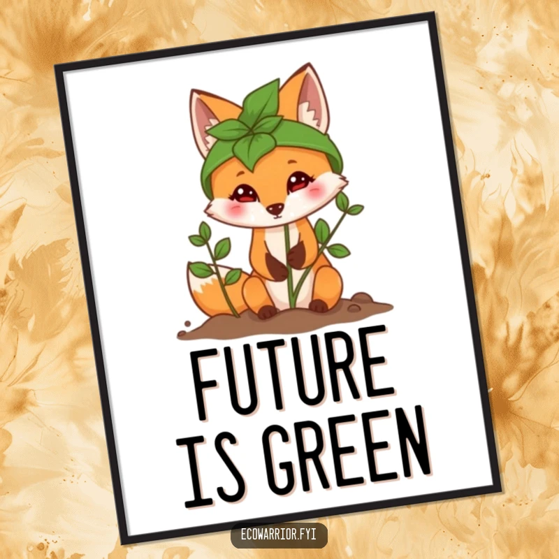 Funny Fox Planting Sapling Digital Art Print of a determined fox wearing a leaf helmet, ready to be framed.