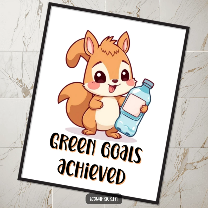 Funny squirrel illustration, determinedly collecting plastic bottles, presented as a digital art print for humorous eco-themed decor.