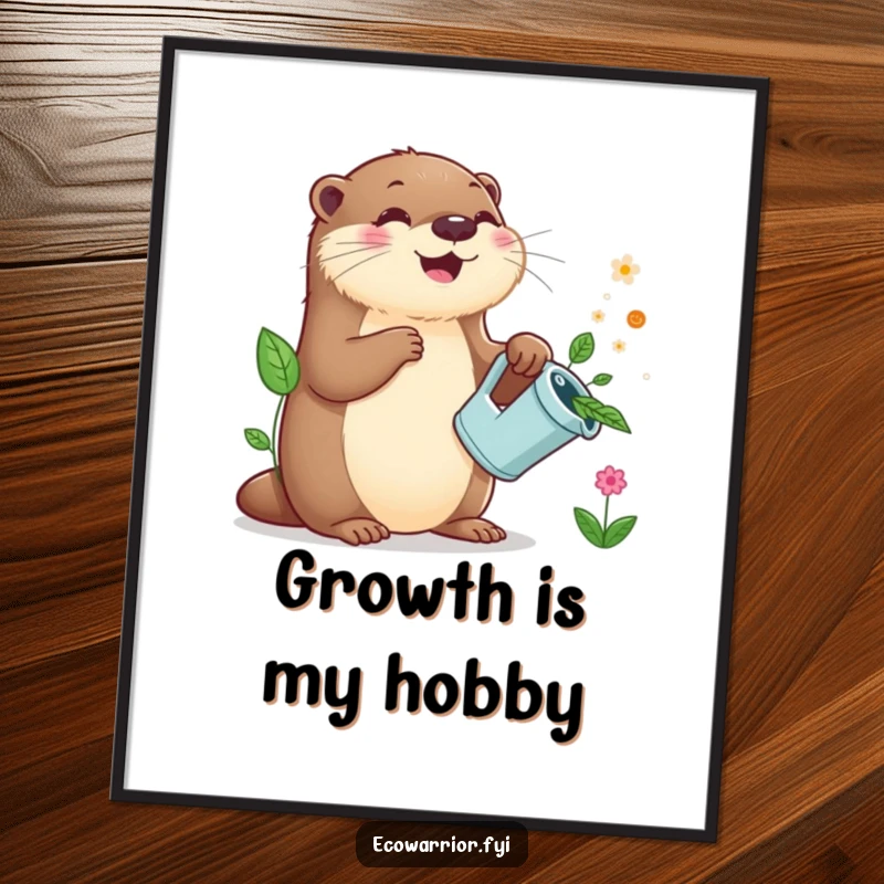 Funny Otter Gardener Digital Art Print: A joyful otter with a leaf watering can sprinkles plants, ready to be printed and displayed.