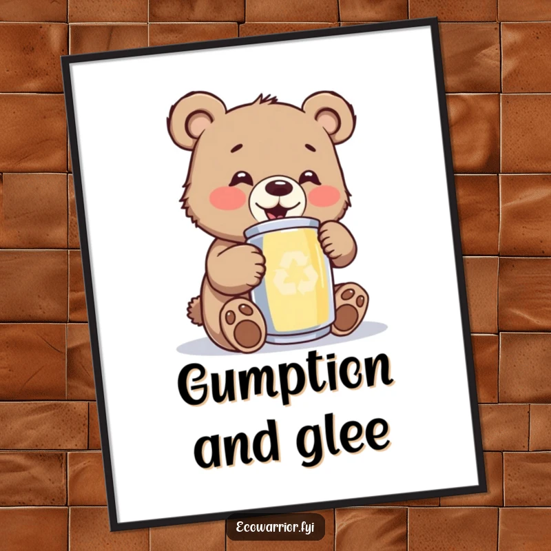 Funny bear cub digital art print, featuring a gleeful cub polishing a shiny recycled can, symbolizing happy environmental stewardship.