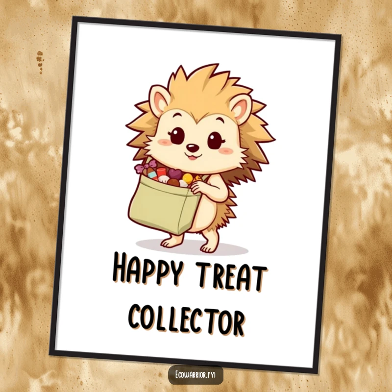Funny hedgehog character with a reusable shopping bag full of treats, presented as a digital art print for humorous, organized decor.