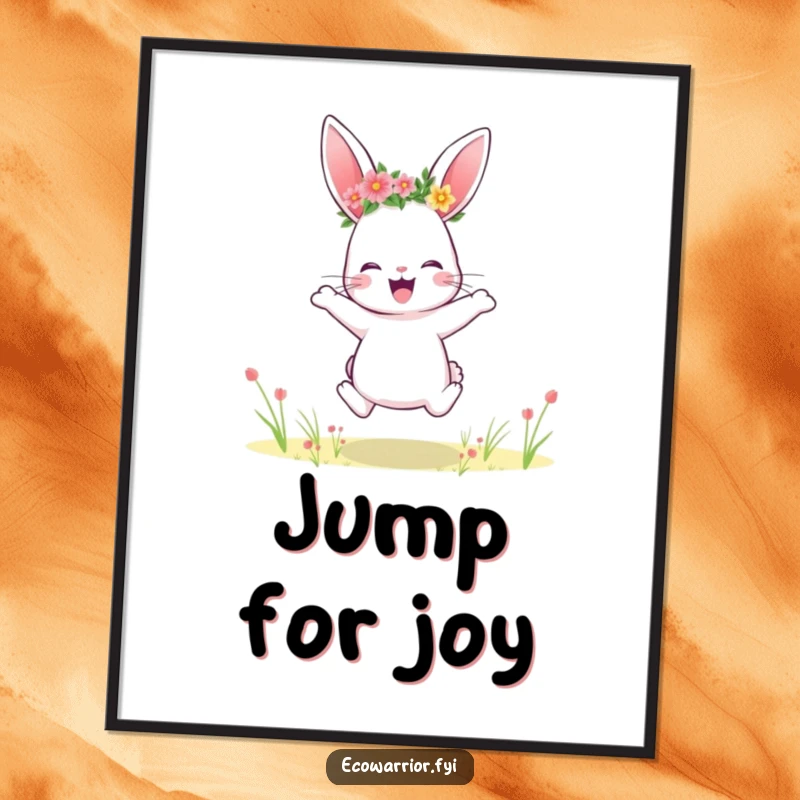 Funny rabbit digital art, wearing a flower crown, jumping joyfully in a field, exuding happiness.
