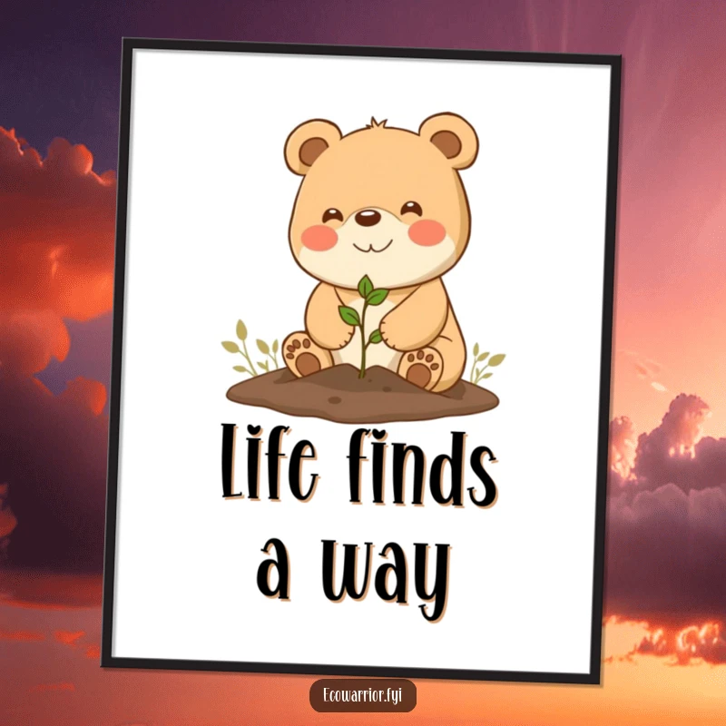Funny Digital Art: Happy bear character planting a tiny seedling with a beaming smile, ready for printing.