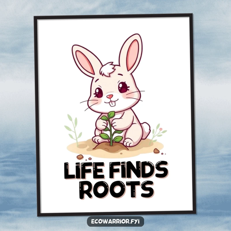Funny digital art print of a determined rabbit with a cheerful expression, planting a small sapling, perfect for whimsical decor.