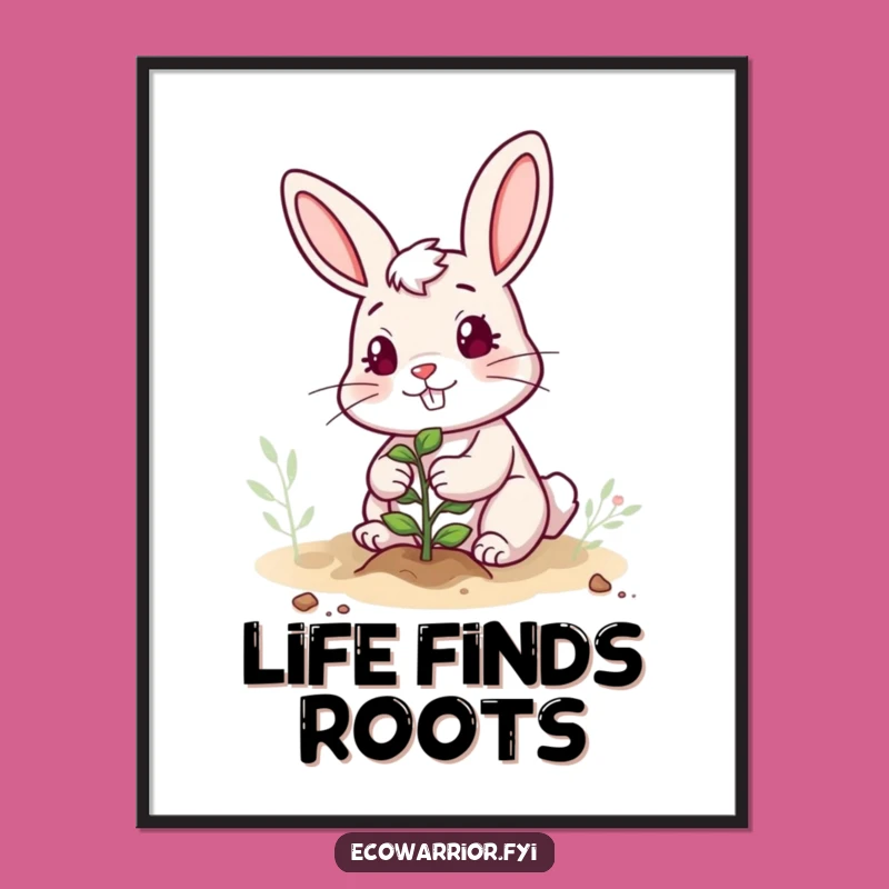 Funny Rabbit Planting Digital Art: Cheerful Determined Gardener's Whimsical Wall Gift