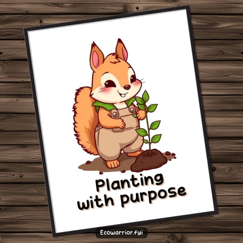 Funny digital art print of a cute squirrel in leafy overalls energetically planting a tiny seedling, offering instant natural charm.