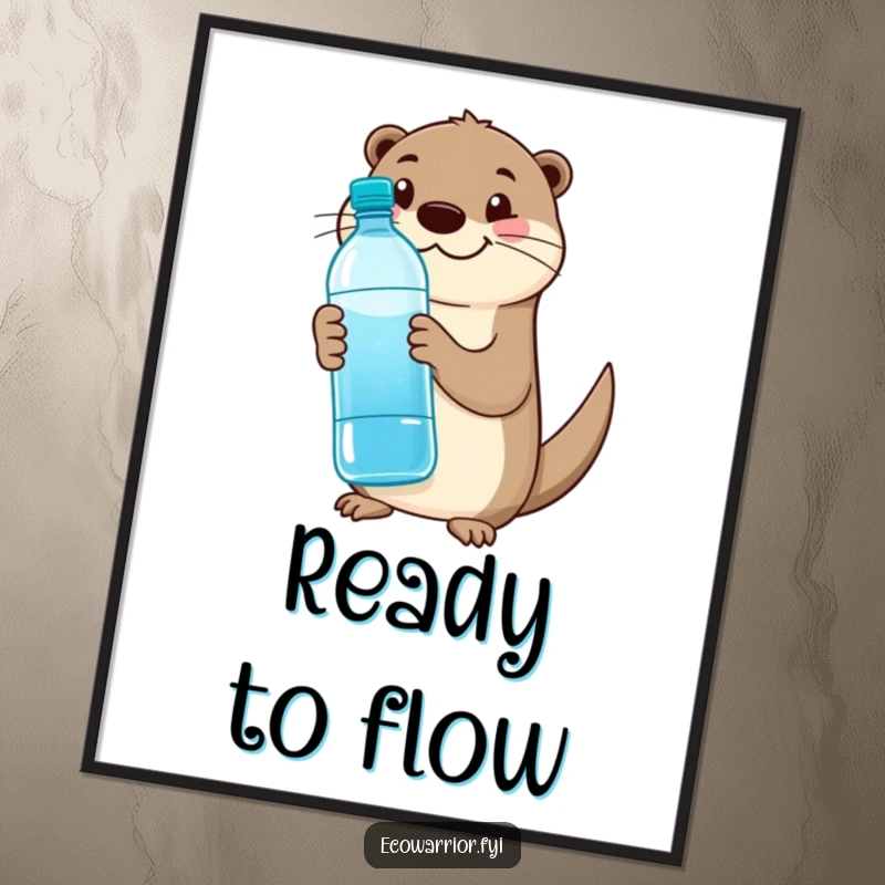 Funny otter digital art print of a happy otter with a reusable water bottle giving a thumbs up, cheerful art.