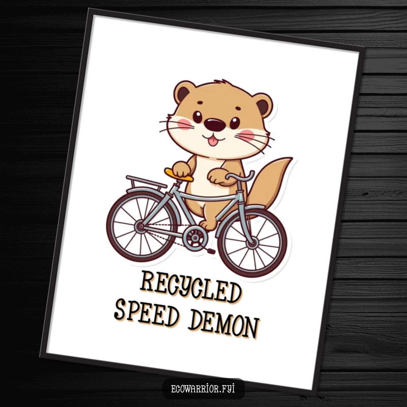 Funny otter character joyfully riding a recycled bicycle, presented as a digital art print for humorous eco-themed decor.