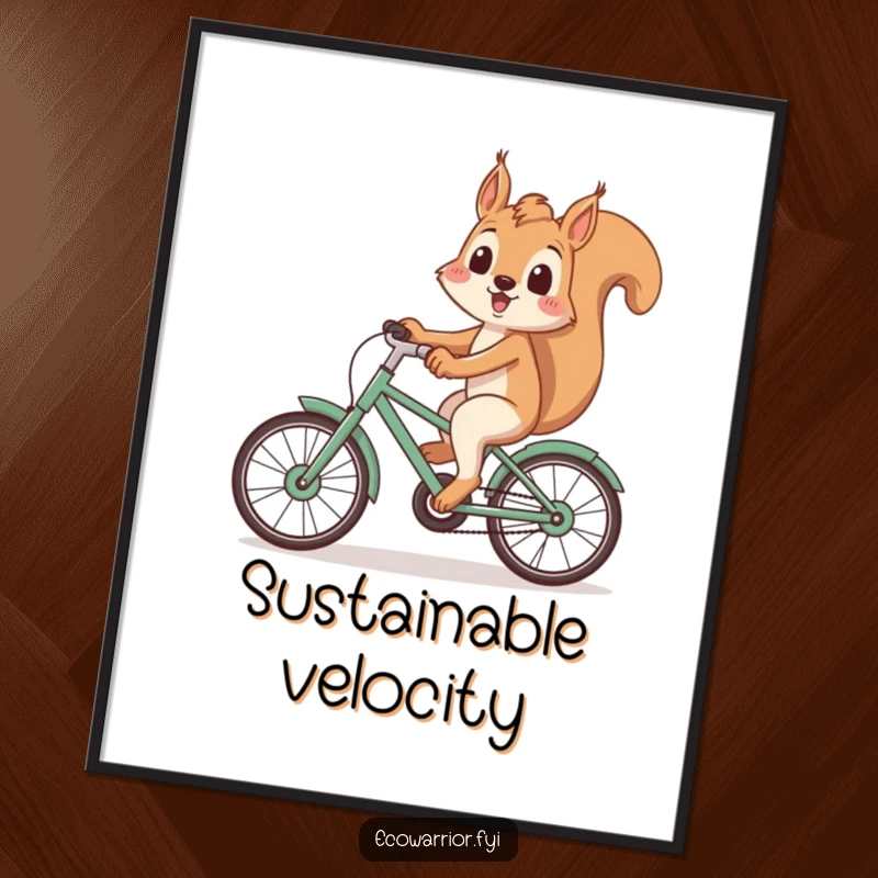 Funny Squirrel Digital Art Print: Playful squirrel smiling on a recycled bicycle, inspirational and eco-friendly, funny gift.