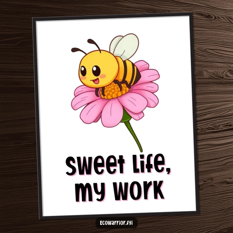 Funny digital art print of a proud bee buzzing around a wildflower, offering instant decorative beauty and a humorous, natural theme.