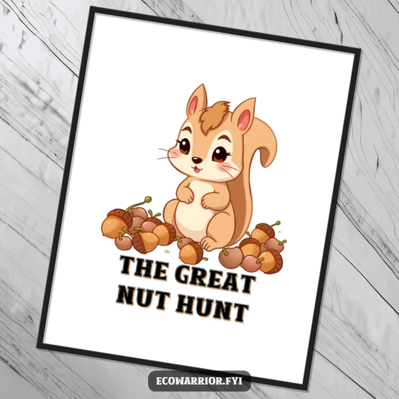 Funny determined squirrel with a determined expression collecting acorns, depicted in a digital art print.