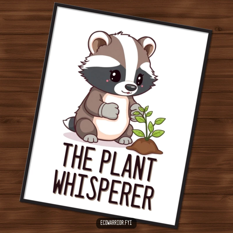 Funny digital art print of a determined badger in gardening gloves, carefully tending to a small growing sprout.
