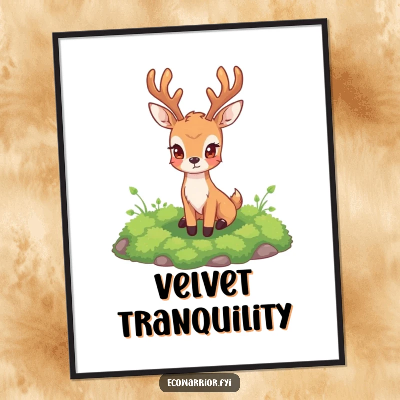 Funny Deer Digital Art Print of a noble deer protectively watching over a patch of vibrant green moss, exuding calm.