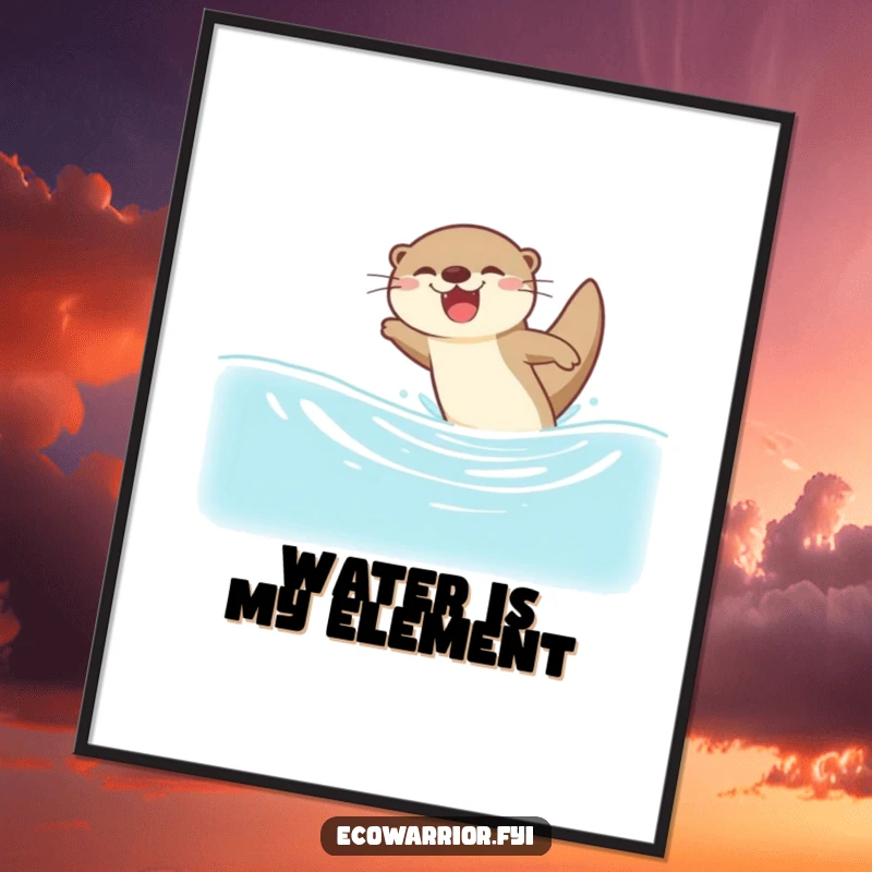 Funny digital art print of a gleeful otter diving into clean water, offering instant decorative joy and a humorous, aquatic theme.