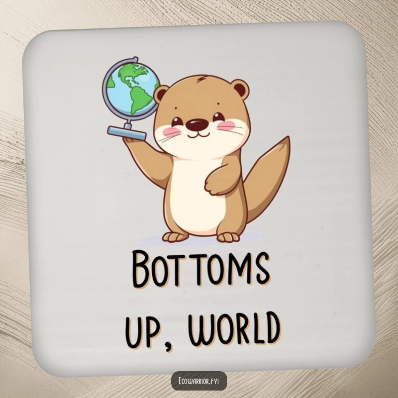 Funny drink coaster featuring a proud otter holding a small globe, adding humorous decor to any table.