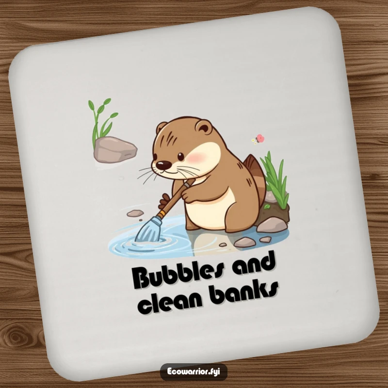 Funny coaster with a diligent otter character showing focused glee while cleaning a riverbank, adding humorous tidiness to surfaces.