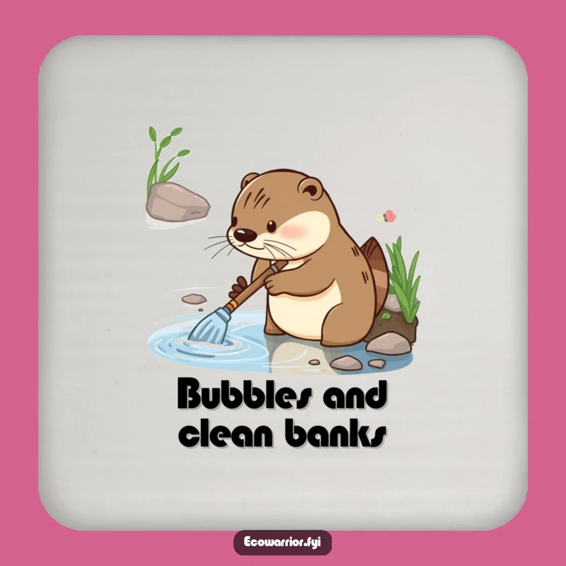 Funny Otter Cleaning Coaster: Diligent Riverbank Worker's Gleeful Table Protector