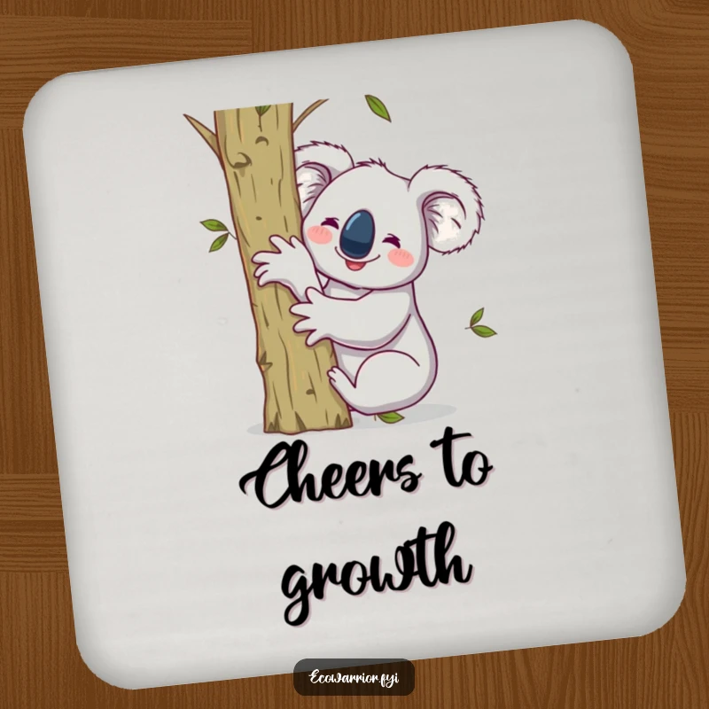 Funny drink coaster with a koala hugging a sapling, raising one arm victoriously, offering eco-friendly surface protection.