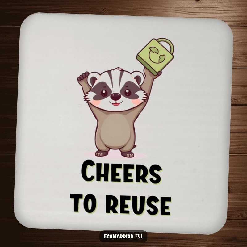 Funny badger drink coaster, determinedly holding a recycled item, protecting surfaces with eco-pride.