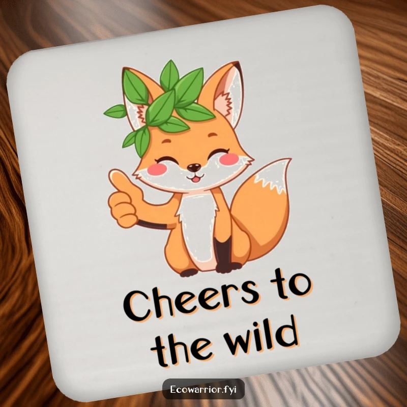 Funny playful fox wearing a leaf crown gives a thumbs up on a drink coaster, protecting tables with charm.