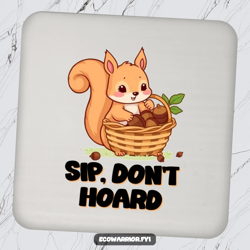 Funny coaster with a playful squirrel carefully placing acorns into a basket, a charming and humorous addition to any table.