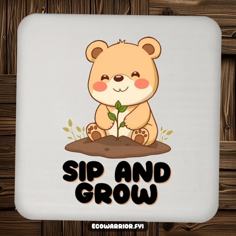 Funny Coaster: Happy bear planting a seedling with a beaming smile, protecting surfaces humorously.