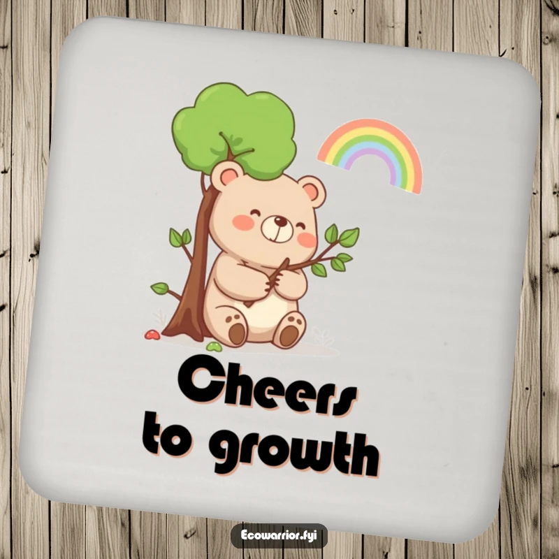 Funny Bear Rainbow Coasters: A happy bear holding a sapling, smiling at a rainbow, protecting surfaces with charm.