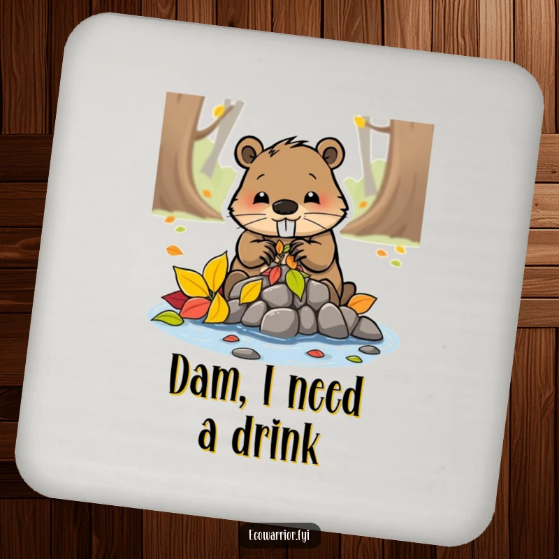 Funny beaver character busily building a dam with colorful leaves, depicted on a drink coaster for home decor.