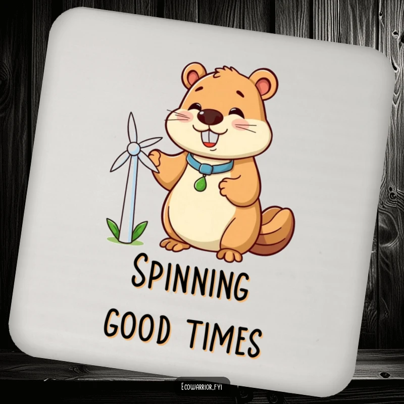 Funny beaver coaster featuring a smiling beaver character holding a miniature windmill, symbolizing clean energy and surface protection.