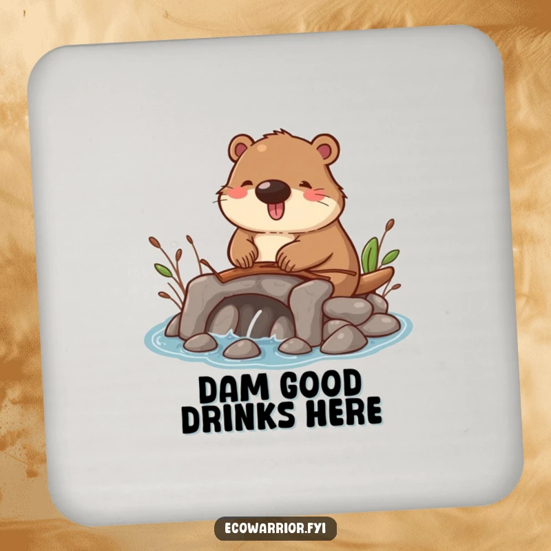 Funny drink coaster featuring a happy beaver building a small dam with twigs, adding a touch of humor to any table.