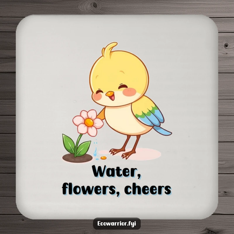 Funny coaster with a joyful bird character watering a tiny blooming flower, adding humorous floral protection to surfaces.