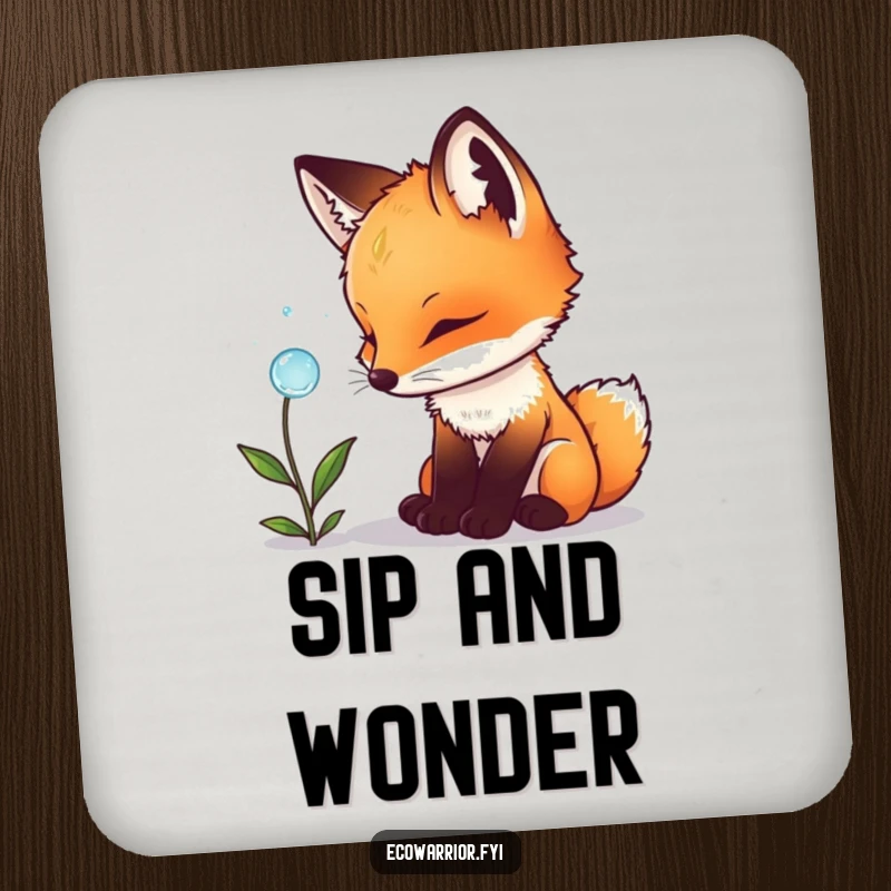 Funny fox cub drink coasters, showing a cub marveling at a dewdrop on a plant, adding a touch of nature's wonder.