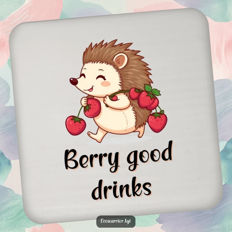 Funny coaster with a happy hedgehog purposefully walking with berries on its back, a charming and humorous addition to any table.