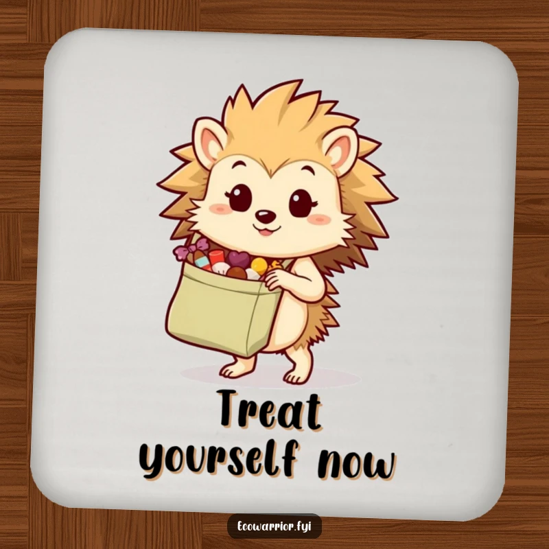 Funny hedgehog with a reusable bag of treats on drink coasters, adding organized humor and surface protection.