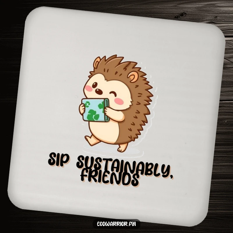 Funny hedgehog character carrying recycled materials on drink coasters, adding eco-conscious humor to tabletops, perfect for funny coaster collectors.