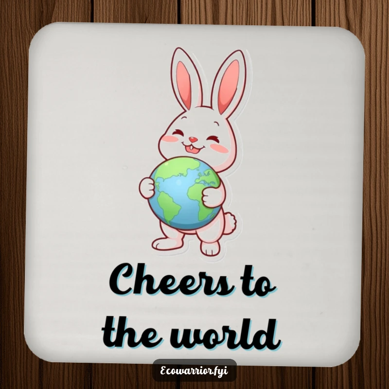 Funny Joyful Rabbit Globe Drink Coaster: Joyful rabbit holding a globe, pointing to a green landmass, protecting surfaces.
