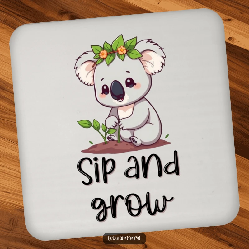 Funny Koala Coaster: Cute koala in a leaf crown determinedly planting a sapling, a cute and practical eco funny gift.