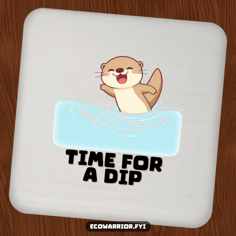 Funny drink coaster featuring a joyful otter diving into clean water, protecting surfaces with a splash of humorous aquatic fun.