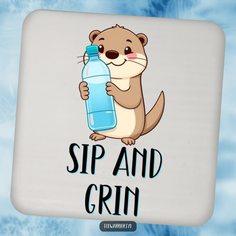 Funny otter drink coaster featuring a happy otter holding a reusable water bottle and giving a thumbs up.