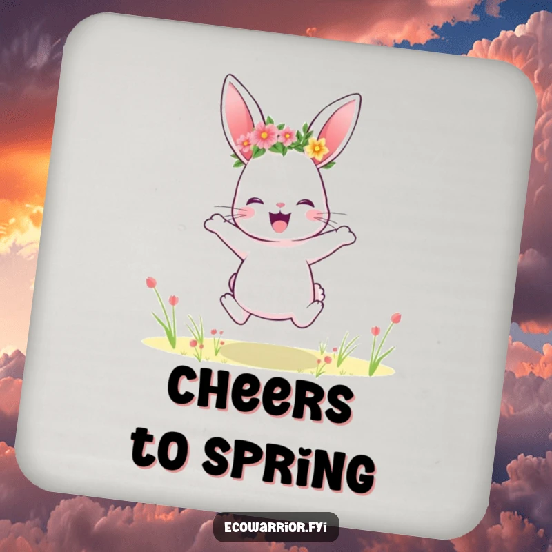 Funny rabbit drink coaster, wearing a flower crown, mid-jump, adding playful charm to tabletops.