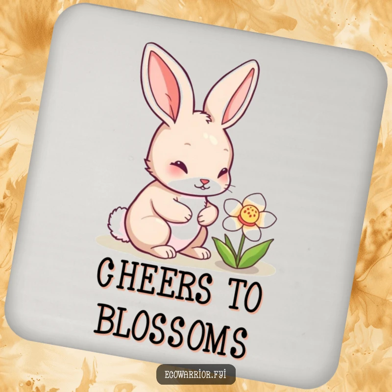 Funny rabbit character inspecting a blooming flower on drink coasters, bringing garden whimsy and nature's beauty to tabletops, perfect for funny coaster collectors.