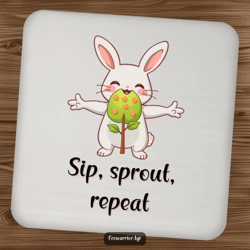 Funny rabbit character joyfully hugging a small sapling, depicted on a drink coaster for charming home decor.