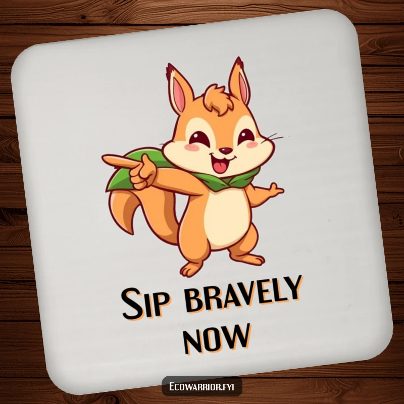 Funny squirrel coasters featuring a brave squirrel character leading forward, adding courageous protection to surfaces.