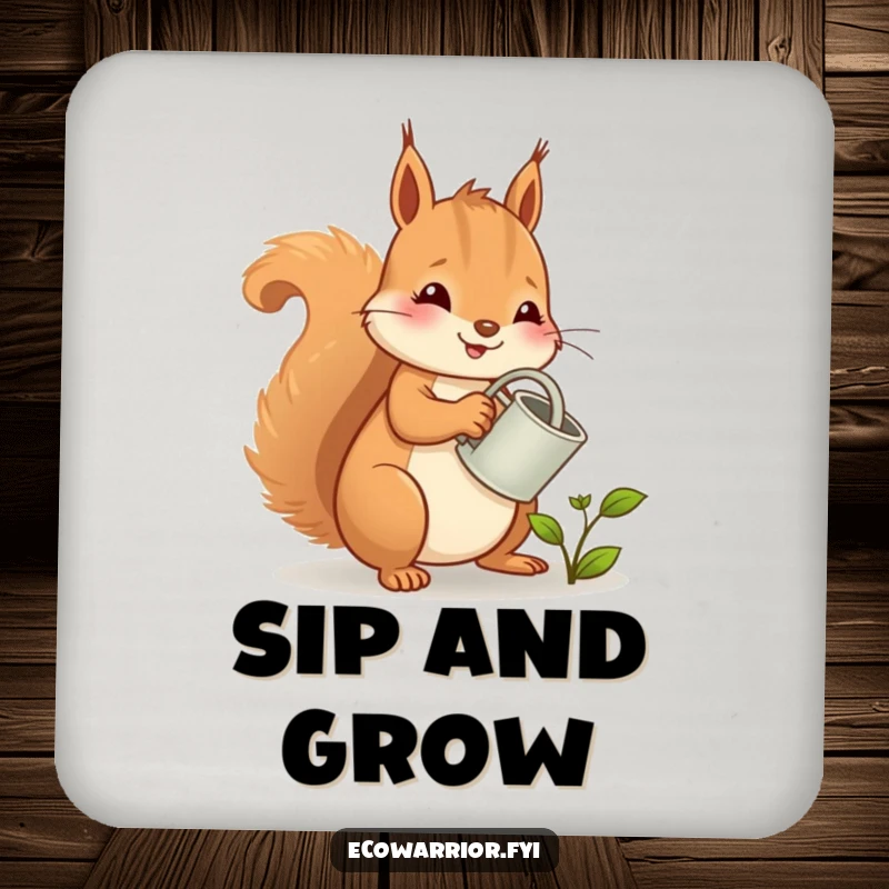 Funny squirrel drink coaster, a cheerful character watering a sprout, protecting surfaces with garden charm.